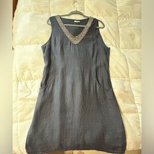 Lina Tomei Linen Beaded Dress Navy Size XL Italy